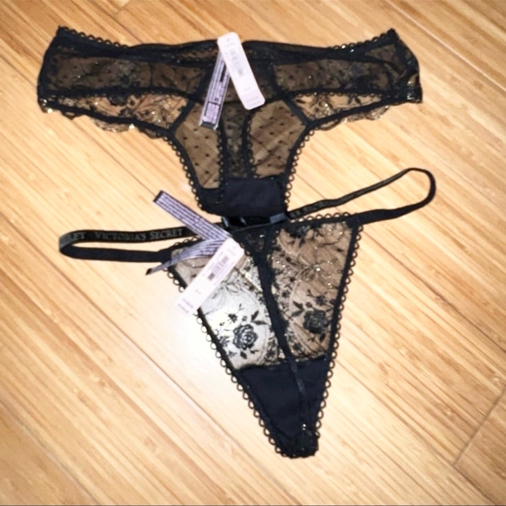 2 small new Victoria's Secret thong & g string black holiday limited edition